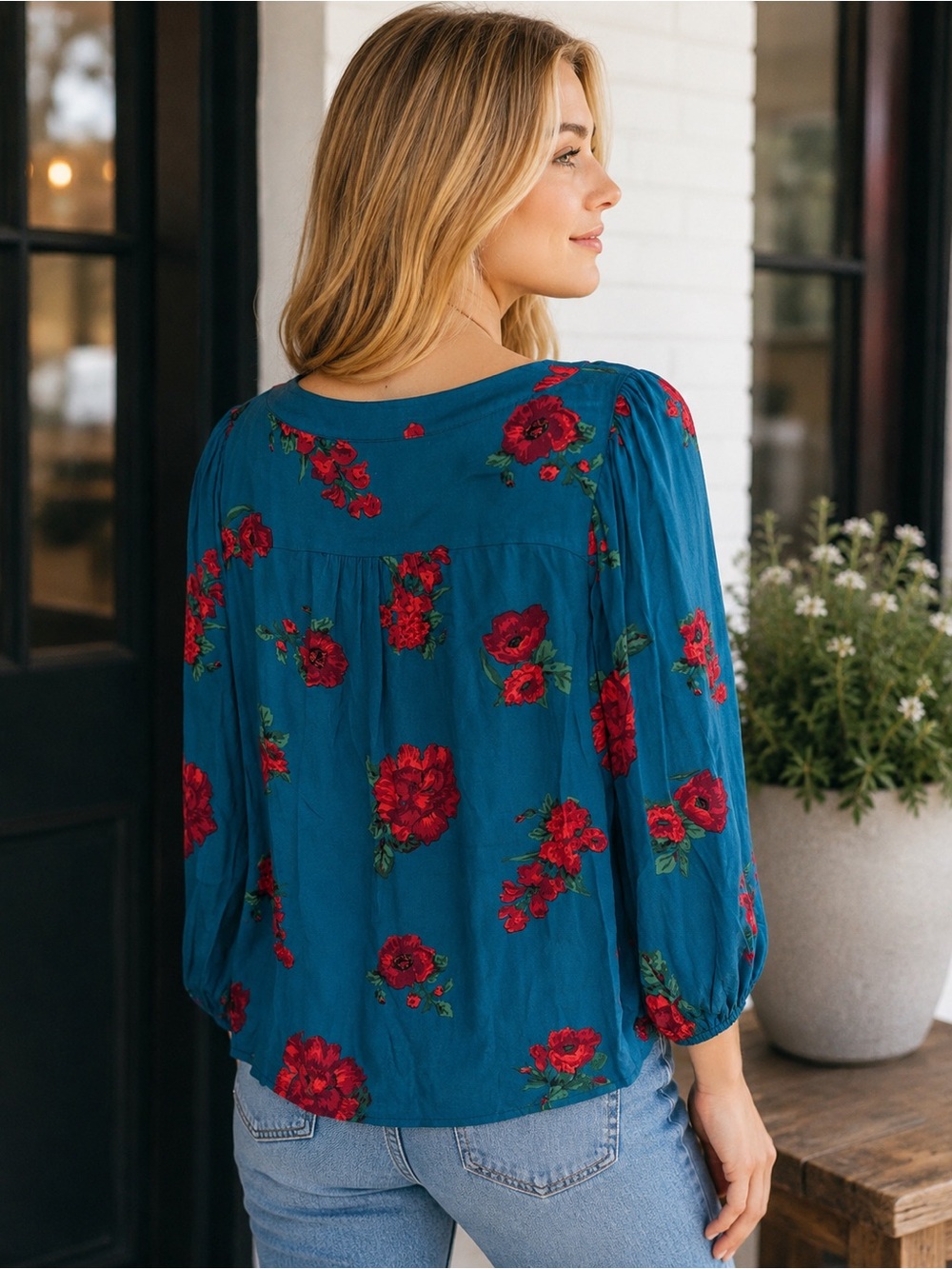 Maeve Anthropologie Kalas Henley Blouse blue red Floral 25627 - Picture 3 of 11
